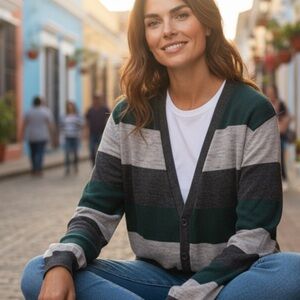 Divided Button Cotton Striped Cardigan Sweater